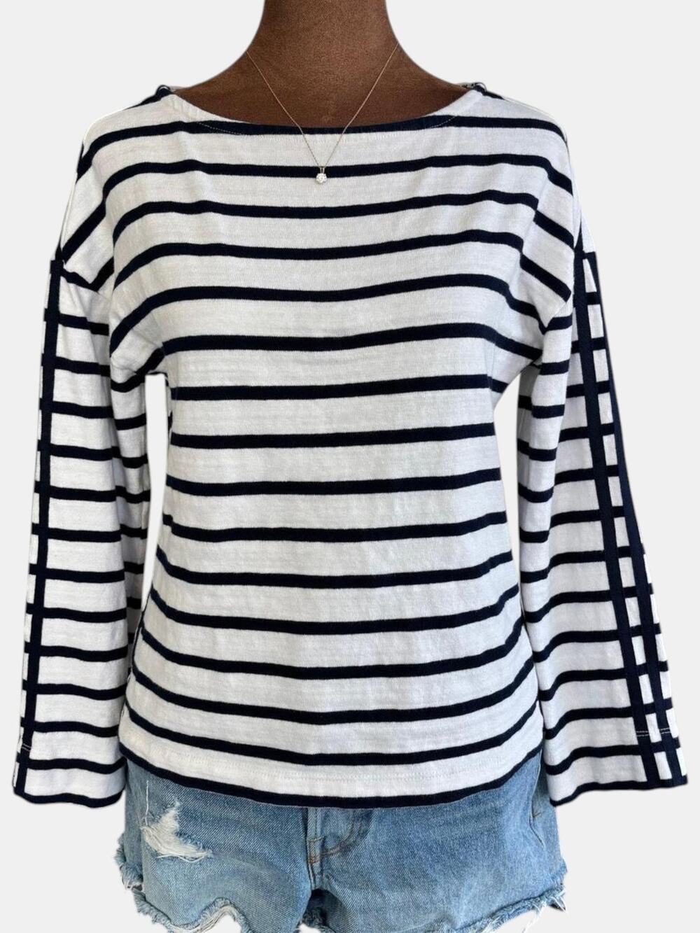 LOFT Nautical Striped Boat Neck Top 3/4 Sleeve Navy White Striped Petite XS